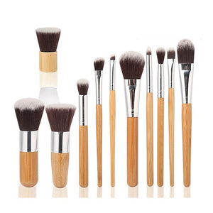 11pcs Natural Bamboo Handle Makeup Brushes Set High Quality Foundation Blending Cosmetic Make Up Tool Set With Cotton Bag
