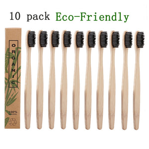 10pcs/Set Natural Pure Bamboo Toothbrushes With Soft-bristle Charcoal Squares